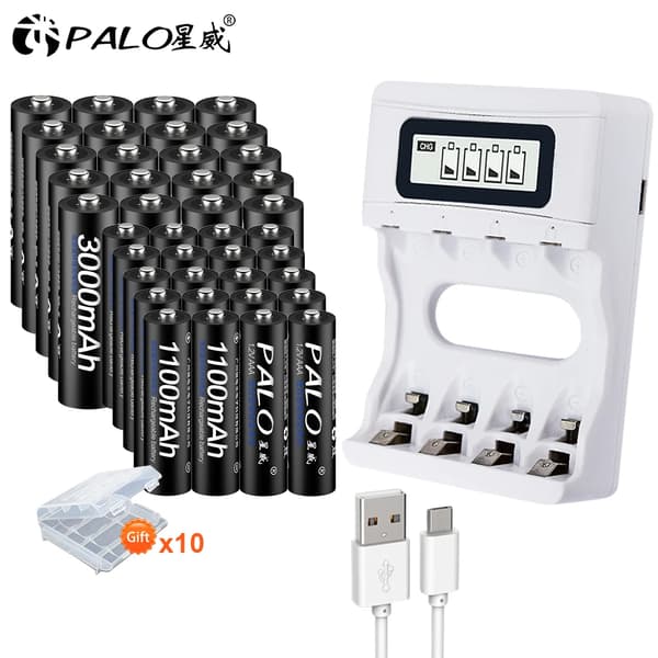 PALO Genopladeligt Batterisæt, 3000mAh AA Kapacitet, Smart USB Oplader,20AA AAA og oplader, 1,2V