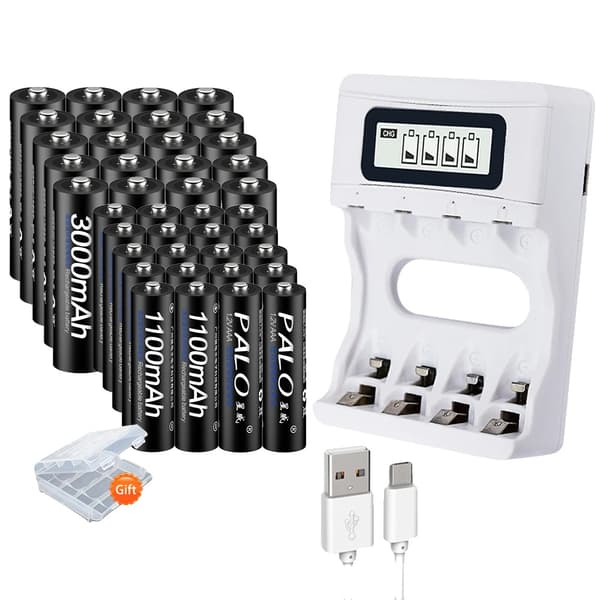 PALO Genopladeligt Batterisæt, 3000mAh AA Kapacitet, Smart USB Oplader,20AA AAA og oplader, 1,2V