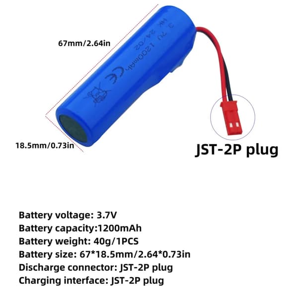 Li-ion batteri, 1200mAh kapacitet, 3.7V spænding, JST-2P stik