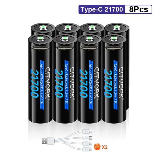 21700 batteri, 5200mAh kapacitet, USB-C hurtigopladning,8 stk. batteri