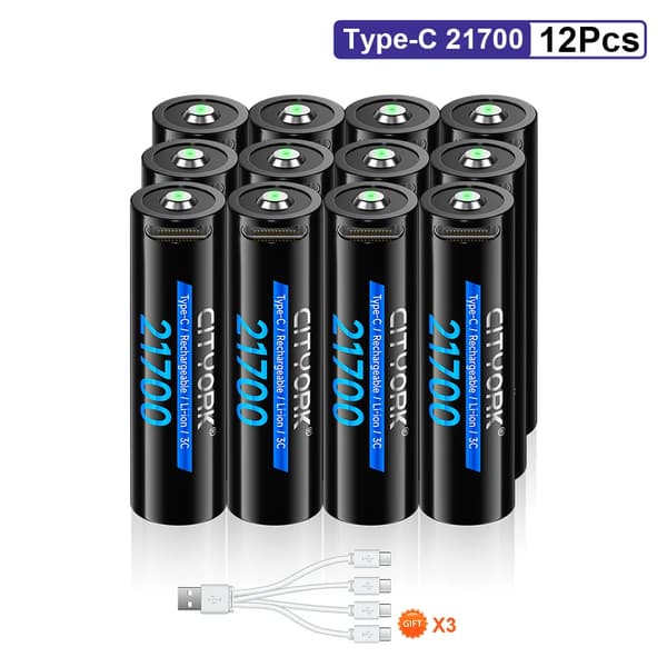 21700 batteri, 5200mAh kapacitet, USB-C hurtigopladning,12 stk. batteri