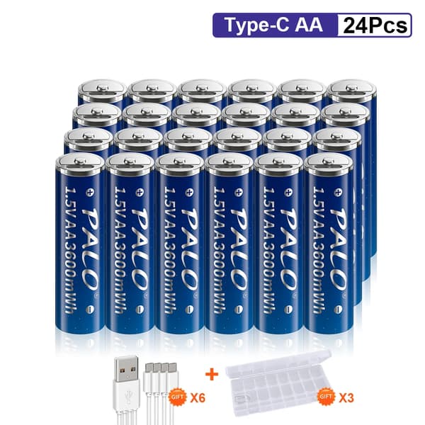 PALO USB-ladattavat AA-paristot, 3600mWh kapasiteetti, nopea 1 tunnin lataus,24 kpl AA-paristoa