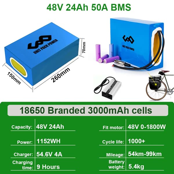 Ebike Batteripakke, 48V 20Ah Kapacitet, 960WH Effekt,48V24AH 50A BMS