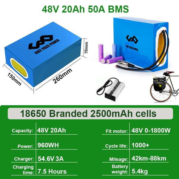 Ebike-akku, 48V 20Ah kapasiteetti, 960WH teho,48 V 20AH 50A BMS