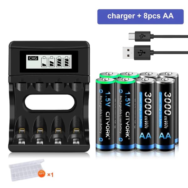 CITYORK 1.5V AA Genopladeligt Batteri, 3000mWh Strøm, Genbrug 1800 Gange,1 oplader og 8stk
