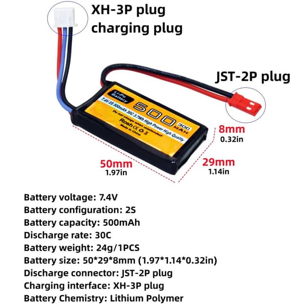 Li-Ion-akku RC-ajoneuvoille, 500mAh kapasiteetti, JST-2P-liitin, CE-sertifioitu