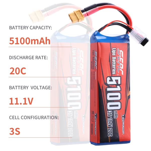 RC Lipo-batteri, 5100mAh, 11.1V/14.8V,5100-3S-20C-Xt60