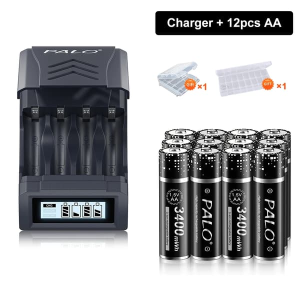 PALO AA Genopladeligt Batteri, 3400 mWh Kapacitet, Kompatibel Oplader Inkluderet,12 batteri 1 oplader