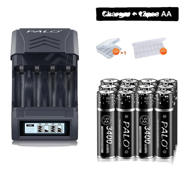 PALO AA Genopladeligt Batteri, 3400 mWh Kapacitet, Kompatibel Oplader Inkluderet,12 batteri 1 oplader