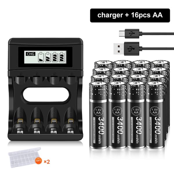 PALO 1.5V AA Li-ion Ladattavat Paristot, Korkea Kapasiteetti 3400mWh, LCD-näyttö Laturi,16 AA 1 Laturi