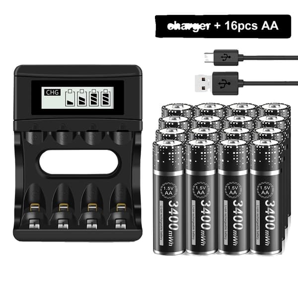 PALO 1.5V AA Li-ion Ladattavat Paristot, Korkea Kapasiteetti 3400mWh, LCD-näyttö Laturi,16 AA 1 Laturi