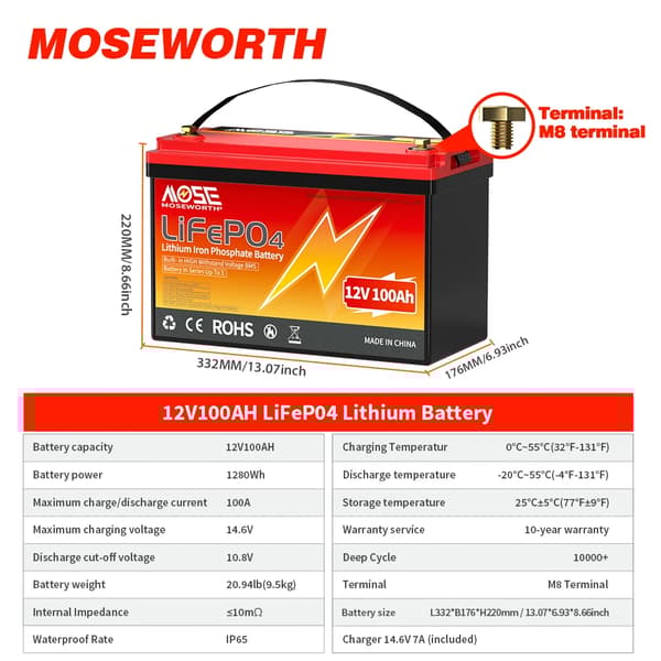Lithiumbatteri, Letvægtsdesign, Temperaturresistent, Dybdecykluskapacitet,12V 100Ah
