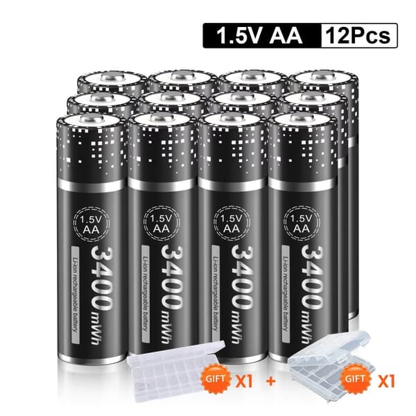 Genopladelige Lithium AA-batterier, 3400mAh kapacitet, USB-C hurtigopladning,12 stkbatteri