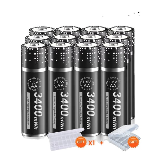 Genopladelige Lithium AA-batterier, 3400mAh kapacitet, USB-C hurtigopladning,12 stkbatteri