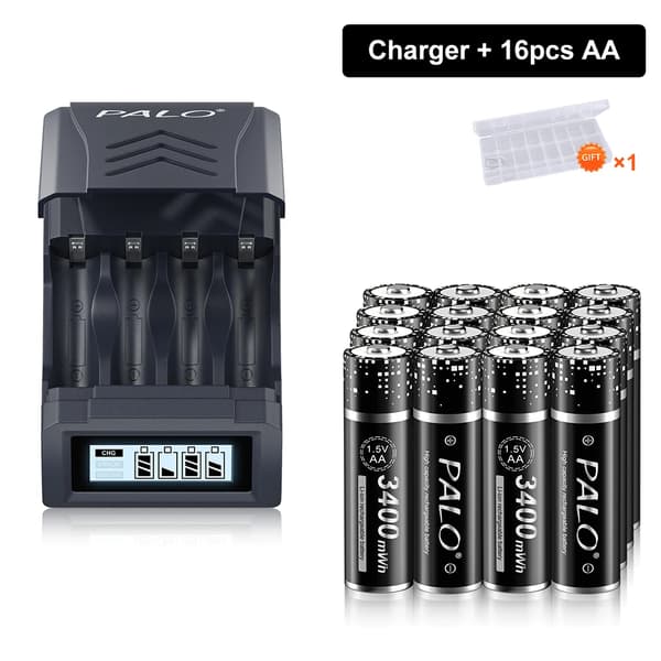 PALO AA Genopladeligt Batteri, 3400 mWh Kapacitet, Kompatibel Oplader Inkluderet,16 batteri 1 oplader