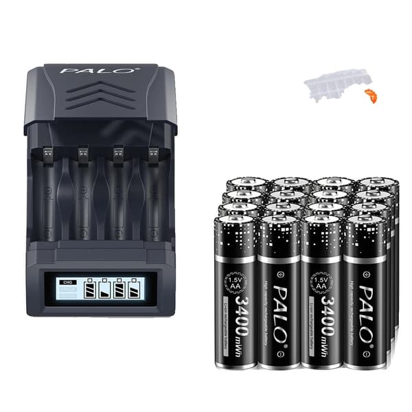PALO AA Genopladeligt Batteri, 3400 mWh Kapacitet, Kompatibel Oplader Inkluderet,16 batteri 1 oplader