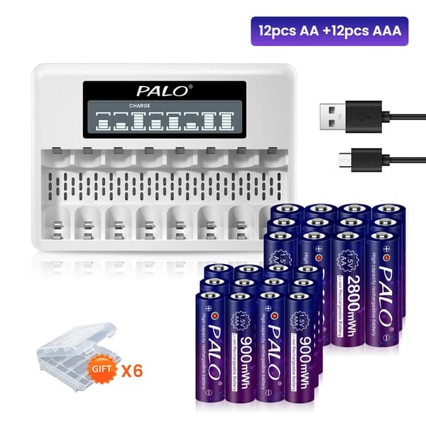 Genopladeligt batterisæt, inkluderer AA & AAA, 2800mWh & 900mWh kapacitet,12AA AAA og oplader