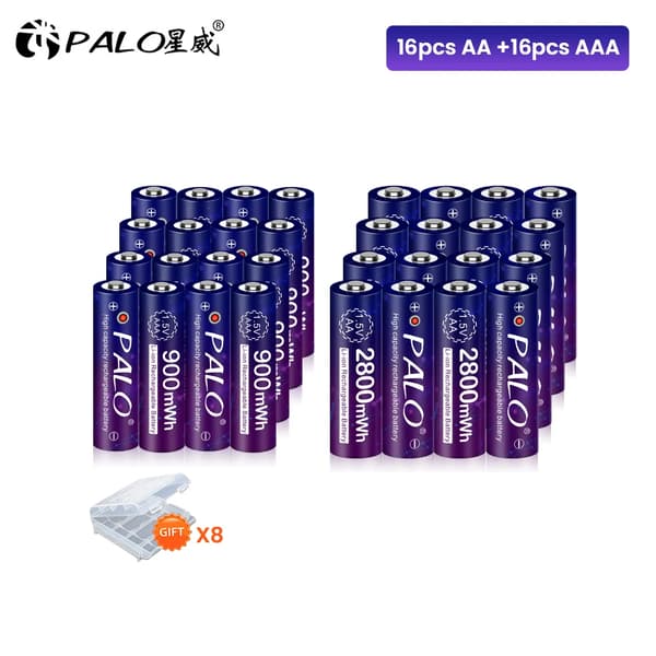 Genopladeligt batterisæt, inkluderer AA & AAA, 2800mWh & 900mWh kapacitet,16aa 16aaa