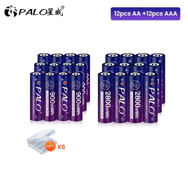 Genopladeligt batterisæt, inkluderer AA & AAA, 2800mWh & 900mWh kapacitet,12AA 12AAA