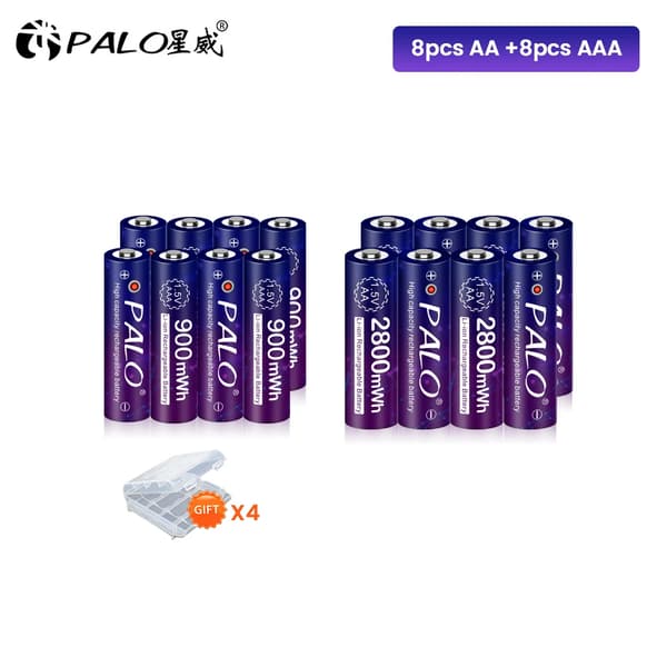 Genopladeligt batterisæt, inkluderer AA & AAA, 2800mWh & 900mWh kapacitet,8AA 8AAA
