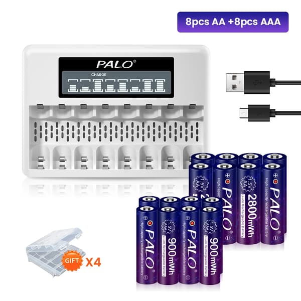 Genopladeligt batterisæt, inkluderer AA & AAA, 2800mWh & 900mWh kapacitet,8AA AAA og oplader