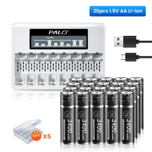 PALO 1.5V AA Lithiumbatteri, 3400mWh kapacitet, hurtig opladning med oplader,20AA med 1 oplader