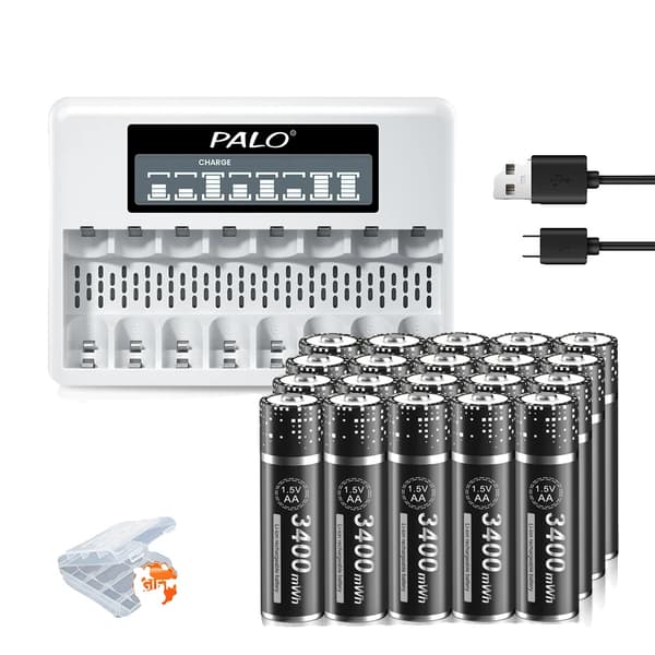 PALO 1.5V AA Lithiumbatteri, 3400mWh kapacitet, hurtig opladning med oplader,20AA med 1 oplader