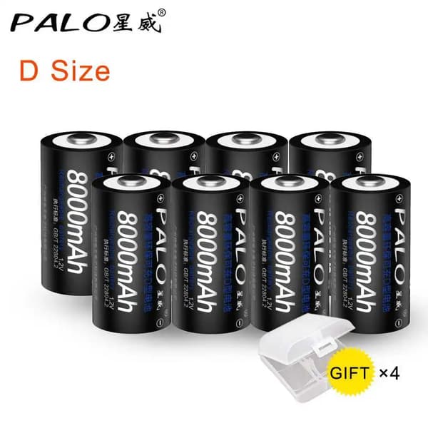 PALO D Størrelse Genopladeligt Batteri, 8000mAh Kapacitet, 1.2V Spænding,8 stk. Sort