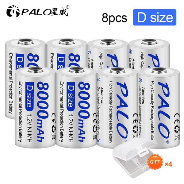 PALO D Størrelse Genopladeligt Batteri, 8000mAh Kapacitet, 1.2V Spænding,8 stk. Hvid