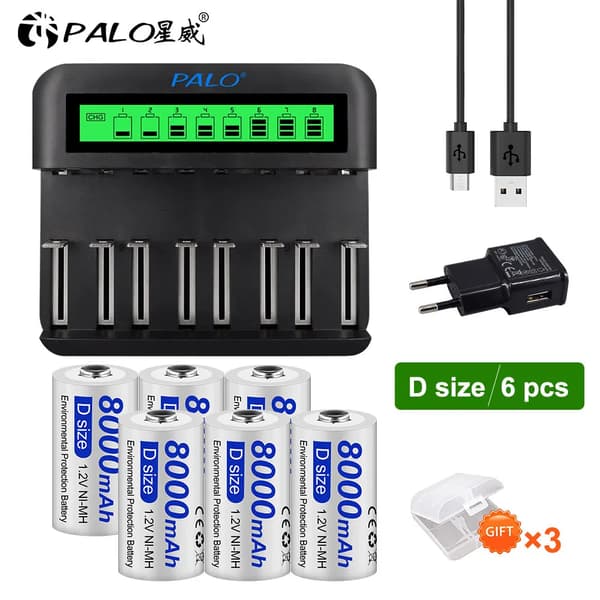 PALO D Størrelse Genopladelige Batterier, 8000mAh Kapacitet, Kompatibel Ni-MH Oplader,6 batteri 1 chargera