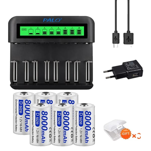 PALO D Størrelse Genopladelige Batterier, 8000mAh Kapacitet, Kompatibel Ni-MH Oplader,6 batteri 1 chargera