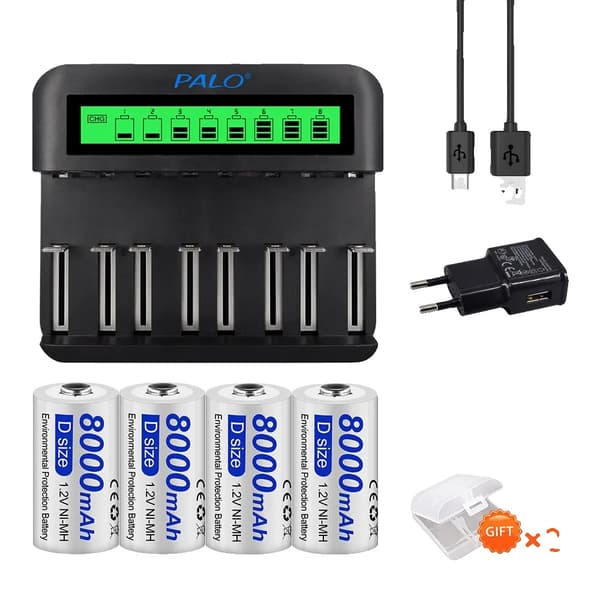 PALO D Størrelse Genopladelige Batterier, 8000mAh Kapacitet, Kompatibel Ni-MH Oplader,4 batteri 1 oplader