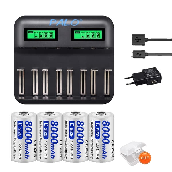 PALO D-koko ladattavat akut, 8000mAh kapasiteetti, yhteensopiva Ni-MH-laturi,4 akku 1 laturi
