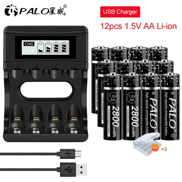 Ladattavat AA litiumparistot, USB-laturi, kapasiteetti 2800mWh,laturi ja 12AA