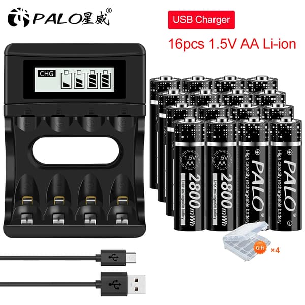 Genopladelige AA lithiumbatterier, USB-oplader, kapacitet 2800mWh,oplader og 16AA