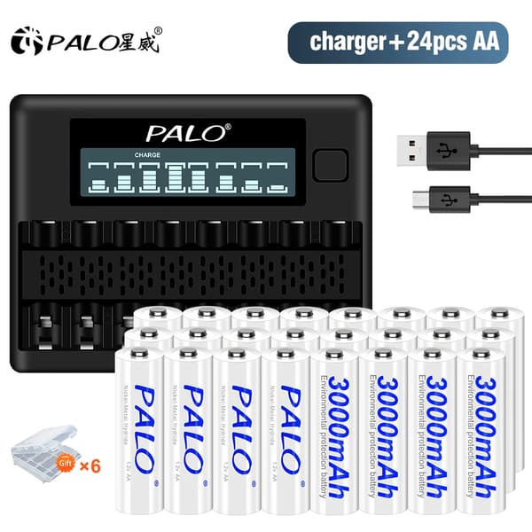 PALO Genopladelige AA-batterier, 3000mAh kapacitet, 8 opladningspladser,24AA og oplader