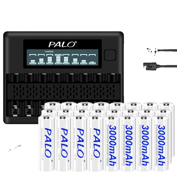 PALO Genopladelige AA-batterier, 3000mAh kapacitet, 8 opladningspladser,24AA og oplader