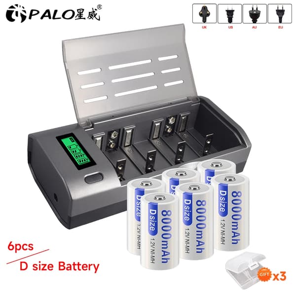 PALO uppladdningsbara D-storlek batterier, 8000mAh kapacitet, miljövänlig design,6Batteri 1Laddare