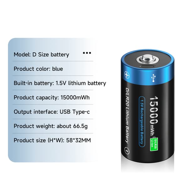 Genopladeligt D Lithium-batteri, 15000mWh kapacitet, USB-opladning,2 stk D-batteri
