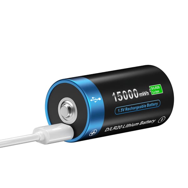 Genopladeligt D Lithium-batteri, 15000mWh kapacitet, USB-opladning,2 stk D-batteri