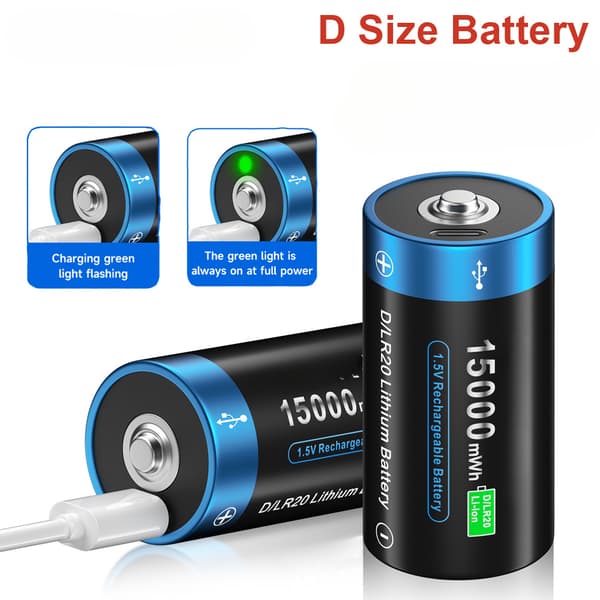 Genopladeligt D Lithium-batteri, 15000mWh kapacitet, USB-opladning,2 stk D-batteri