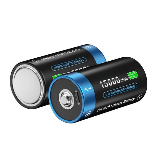 Genopladeligt D Lithium-batteri, 15000mWh kapacitet, USB-opladning,2 stk D-batteri