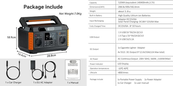 Bærbar solgenerator, 520Wh kapacitet, 230V udgang,230V EU - P60