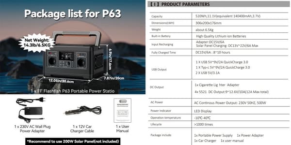 Bærbar solgenerator, 520Wh kapacitet, 230V udgang,230V EU - P63