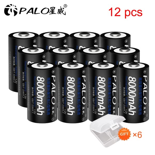 D Størrelse Genopladeligt Batteri, 8000mAh Kapacitet, Smart Oplader Inkluderet,12 stk batteri