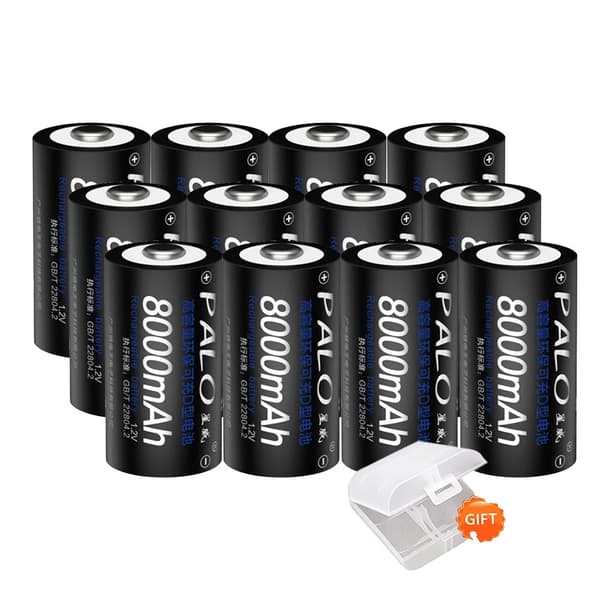 D Størrelse Genopladeligt Batteri, 8000mAh Kapacitet, Smart Oplader Inkluderet,12 stk batteri