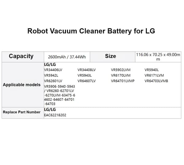 Robotdammsugare Batteri, 14.4V Spänning, 2600mAh Kapacitet,2600mAh batteri
