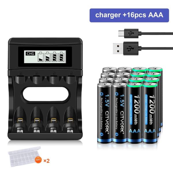 CITYORK 1.5V AAA Genopladelige Batterier, 1200mWh Kapacitet, Inkluderer Oplader,16 AAA og oplader