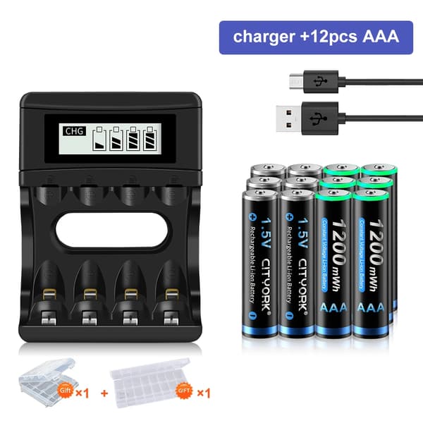 CITYORK 1.5V AAA Genopladelige Batterier, 1200mWh Kapacitet, Inkluderer Oplader,12 AAA og oplader