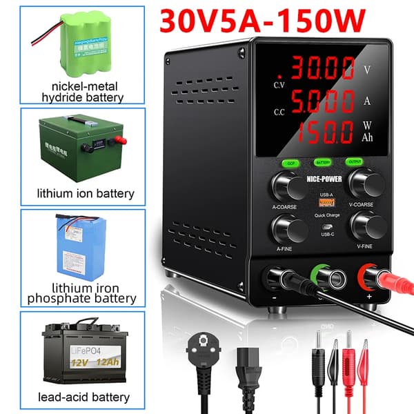 Justerbar DC Strømforsyning, 30V 20A Udgivelse, USB Hurtigopladningsporte,220V EU STIK, 30V 5A opladning